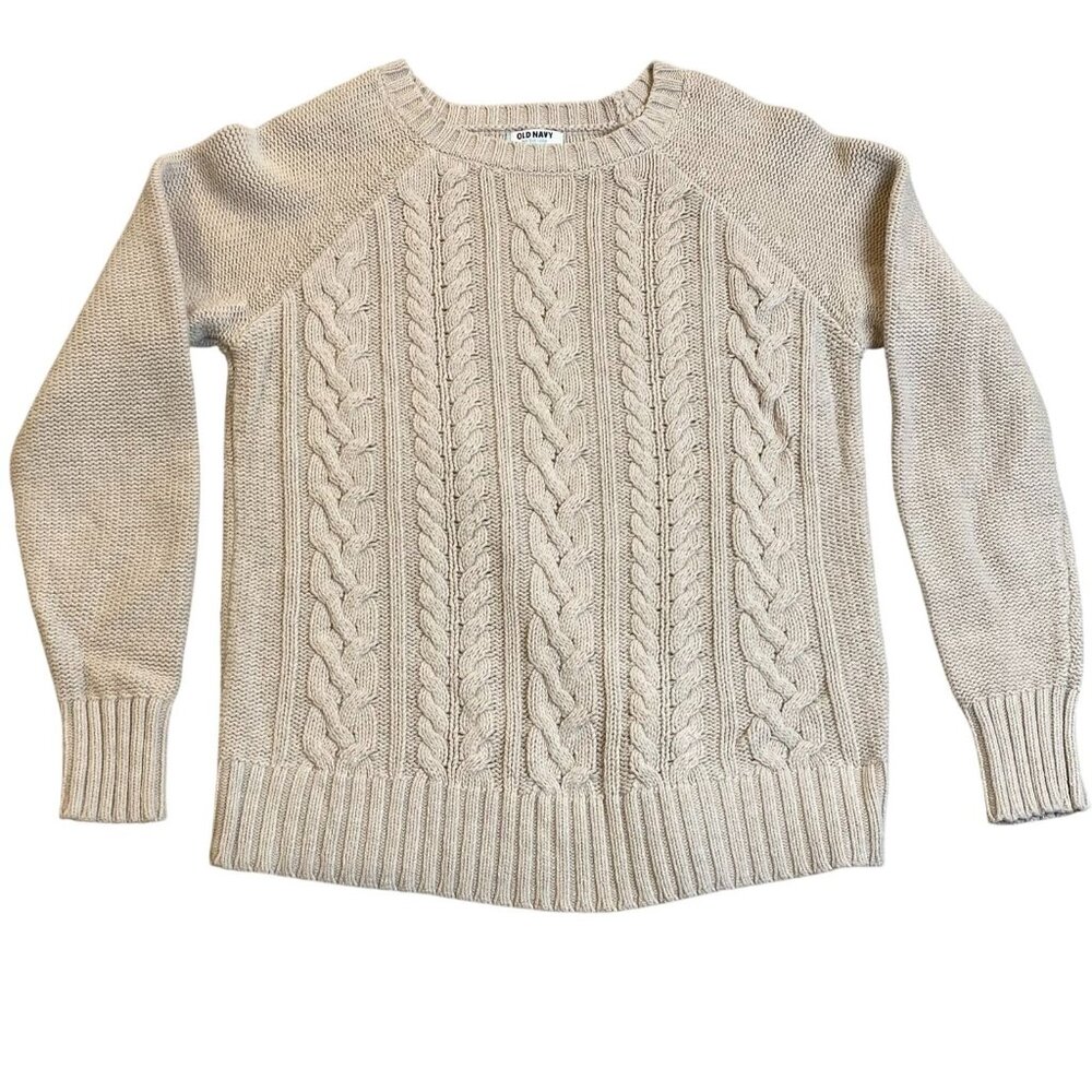 Old Navy Womens Sweater Large Crew Neck Beige Cable Knit Pullover Classic Cozy